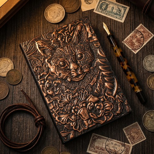 Leather journal cat embossed - leather,